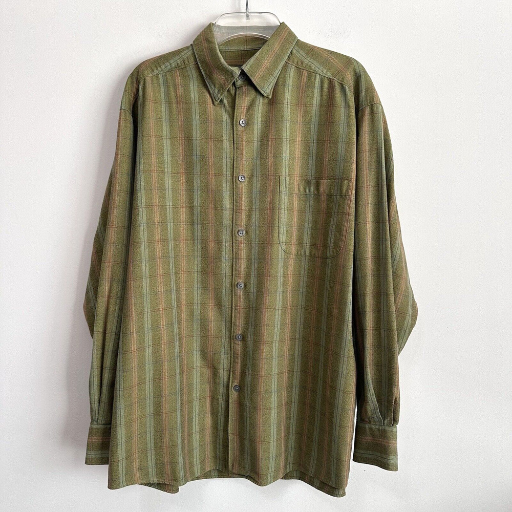 Talbots Mens‎ Button Front Shirt L Green Long Sleeve Hidden Button Down Collar
